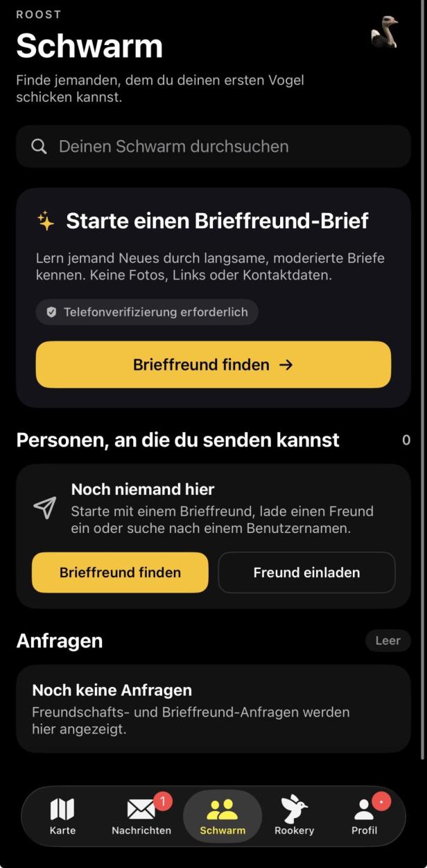 Schwarm-Reiter in Roost Social mit der Option, Brieffreunde zu finden.
