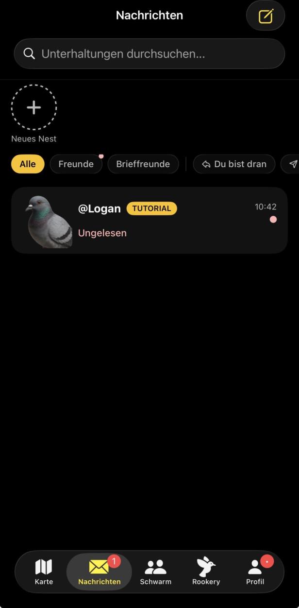 Anzeige aller Nachrichten in Roost Social mit Bild der Taube, Name und der Nest-Option.