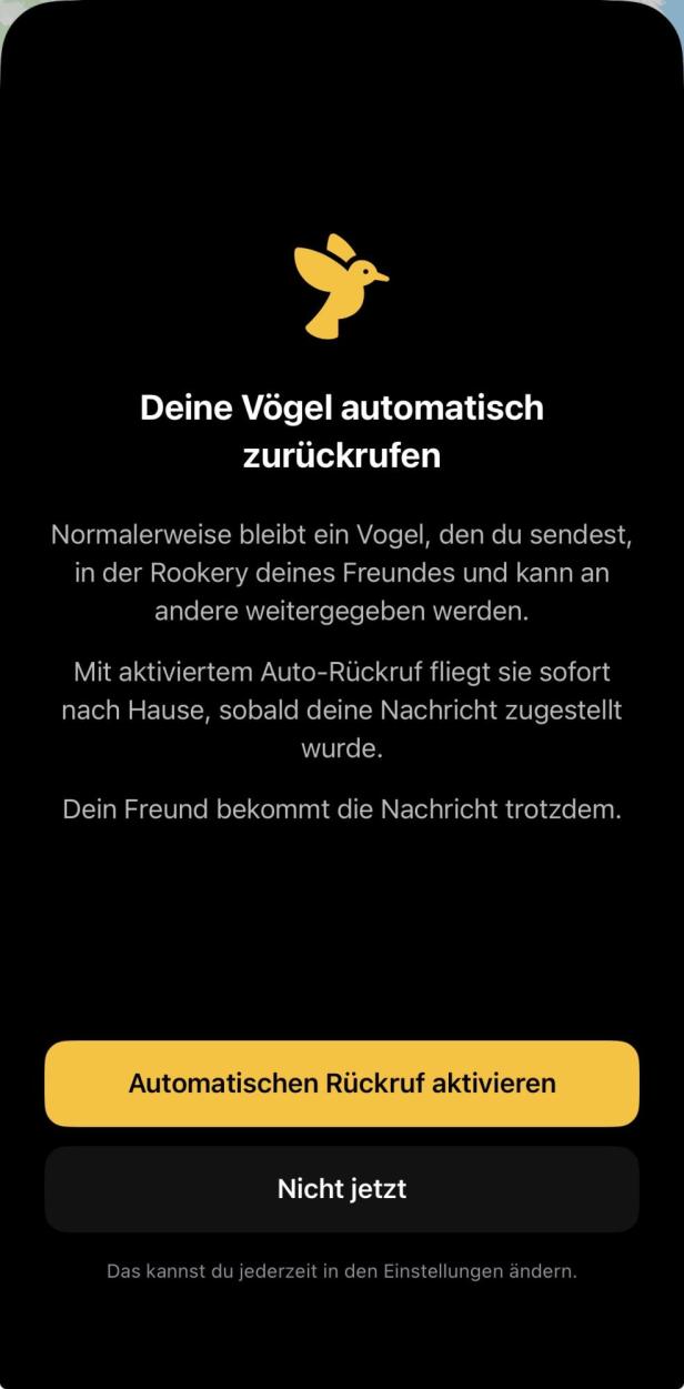 Hinweis auf automatische Rückkehr der Tauben in Roost Social