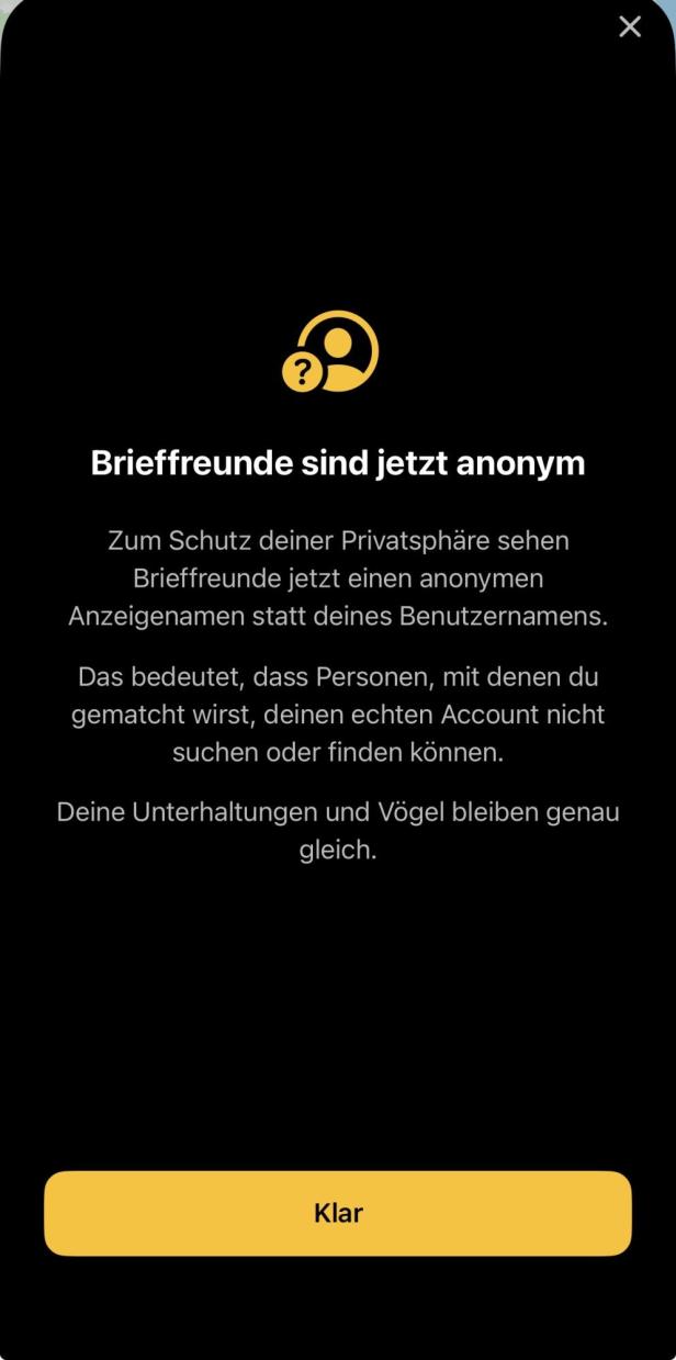 Hinweis zur Anonymität von Brieffreunden in Roost Social.