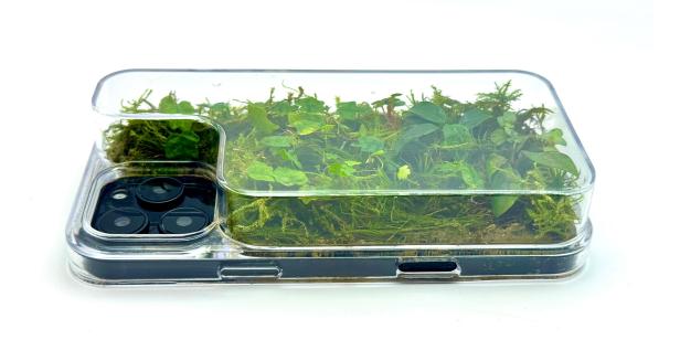 Die Terrarium-Hülle auf einem liegenden iPhone.