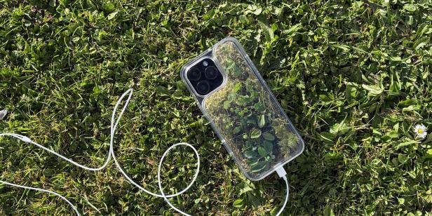 Daniel Idles transparente iPhone-16-Pro-Max-Hülle mit lebendem Moos und kleinen Pflanzen liegt auf Gras, daneben ein Ladekabel.