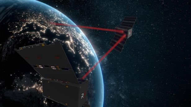 Illustration von Aurora und einem Satelliten über der Erde, die per rotem Laserstrahl kommunizieren.