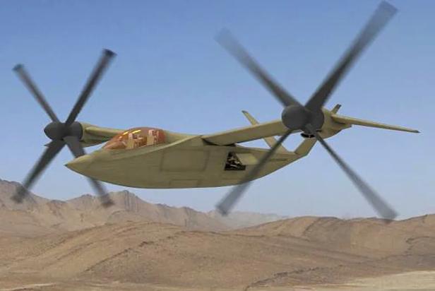 Tiltrotor-Flugzeug fliegt in der Wüste