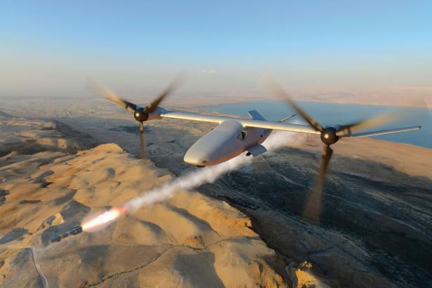 Konzeptbild eines Tiltrotors, der eine Rakete abfeuert.