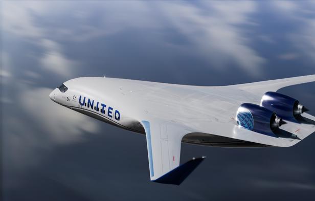 Rendering eines JetZero-Flugzeugs mit United-Branding