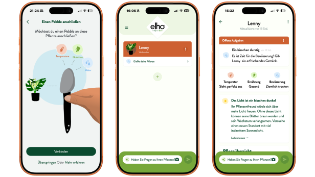 Drei Smartphone-Ansichten einer Pflanzenpflege-App mit Sensorwerten und Hinweisen.