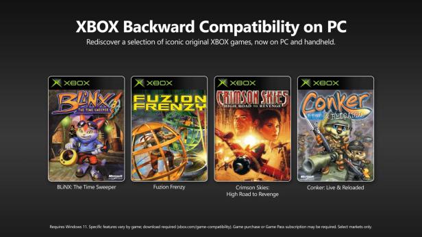 Xbox-Poster zu „Backward Compatibility on PC“ mit den vier Klassikern BLiNX, Fuzion Frenzy, Crimson Skies und Conker: Live & Reloaded.
