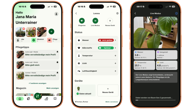 Drei Smartphone-Apps mit Pflanzenstatus und Gießwarnungen auf drei iPhones.