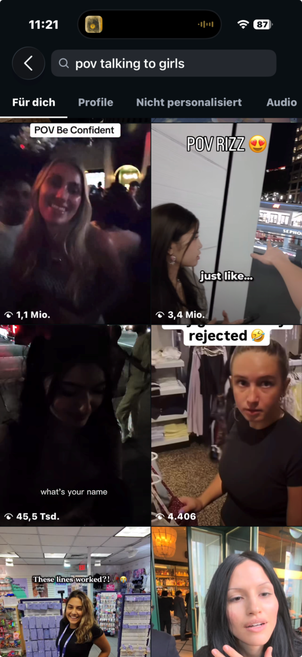 Instagram-Suche mit mehreren Anmachvideos über Frauen.