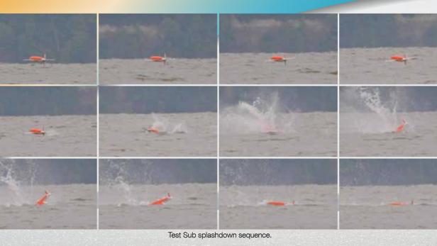 Die Flimmer-Drohne der US Navy beim Flug und beim Aufprall auf dem Wasser