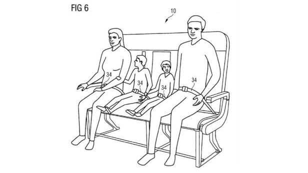 Airbus-Patentzeichnung einer flexibel konfigurierbaren Flugzeug-Sitzbank mit einer vierköpfigen Familie darauf - oder ist das rechte Kind eine Puppe?