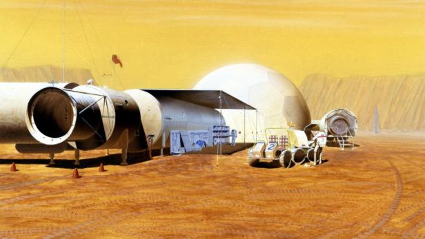 Nasa Konzept aus 1989: Ein Wohnmodul, ein Airlock, ein 16 Meter langes, aufblasbares Wohnmodul. Weiters zeigt es einen Mars Rover, einen Arbeitsbereich für Experimente. Die Station ist für sieben Astronauten konzipiert.