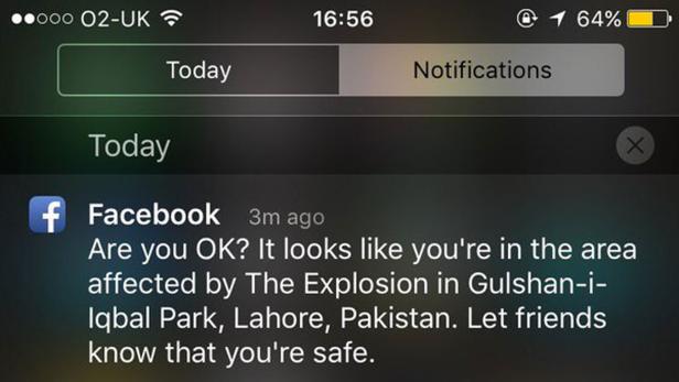 Nutzer auf der ganzen Welt erhielten diese &quot;Safety Check&quot;-Nachricht von Facebook, obwohl sie weit weg vom Tatort in Pakistan waren