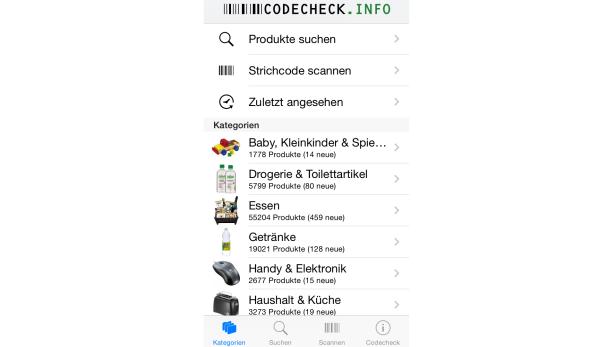Neben dem scannen von Barcodes ist es in der App Codecheck.info auch möglich Produkte nach Kategorien zu suchen