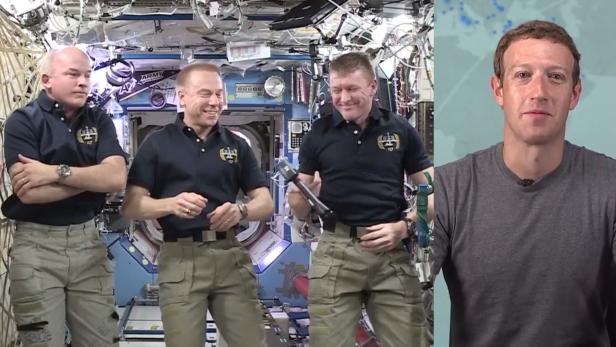 Die drei ISS-Astronauten und Mark Zuckerberg.