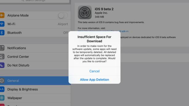 iOS 9 informiert Nutzer darüber, dass Apps vorübergehend gelöscht werden