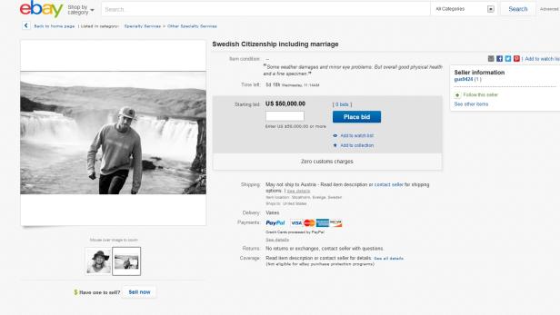 So sieht die Heiratsanzeige des Schweden für US-Bürger auf eBay aus.