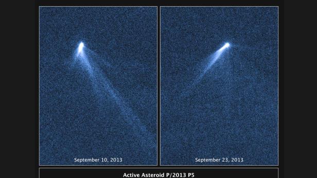 Die beiden Aufnahmen vom Asteroiden P/2013 P5, die am 10. September (li.) bzw. am 23. September (re.) geschossen wurden