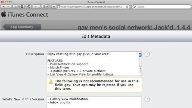 Apple warnt vor der Verwendung des Wortes &quot;Gay&quot; bei der Beschreibung von Apps.