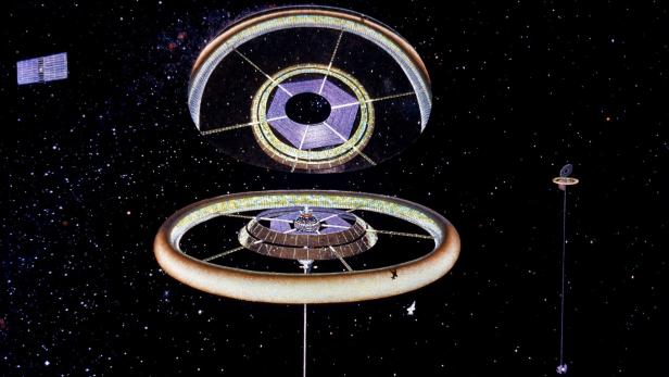 Eine mögliche Form für eine Weltraumkolonie schien NASA-Forschern in den 70er-Jahren ein Torus, hier mit einem gigantischen Spiegel zur Lenkung des Sonnenlichts.