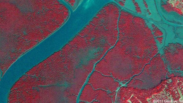 Flüsse südwestlich von Bodo in Nigeria 2006, vor der Ölkatastrophe in 2008. Gesunde Vegetation erscheint rot.