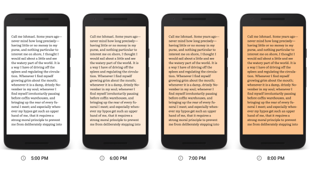 Das Night Light für Google Play Books verändert die Farbtemperatur der Mobilgerät-Hintergrundbeleuchtung