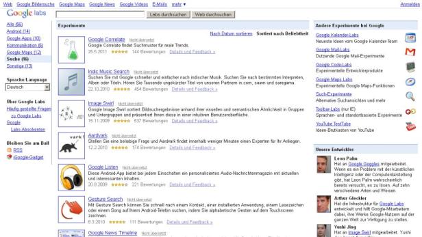 Screenshot von Google Labs