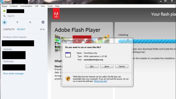 Die manipulierte Werbung in Skype sieht wie ein Flash Update aus