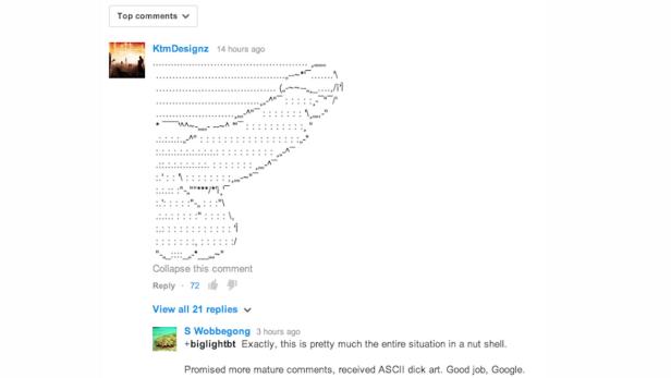 ASCII-Penis in einem YouTube-Kommentar: Möglich seit der Google+-Integration.