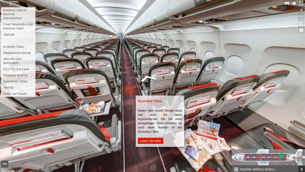 myPanorama 360-Grad-Ansichten der Flugzeugkabinen von Austrian Airlines. Hier ein Blick in den Airbus A320
