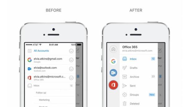 So sah die Ansicht zum Wechseln der E-Mail-Konten in der Outlook-App bisher aus (re.) und so wird sie in Zukunft aussehen (re.)