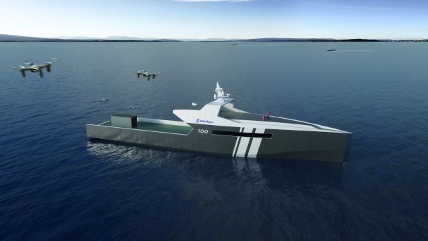 Entwurf eines autonomen Schiff von Rolls-Royce, das Drohnen zum Einsatz bringt.