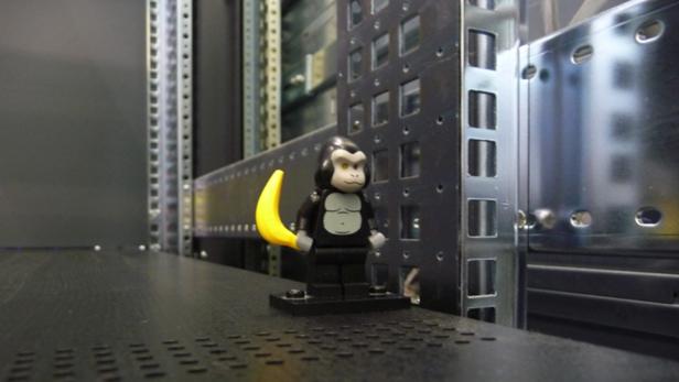 Ein Lego-Gorilla mit Banane in einem Server-Rack des CERN-Rechenzentrums