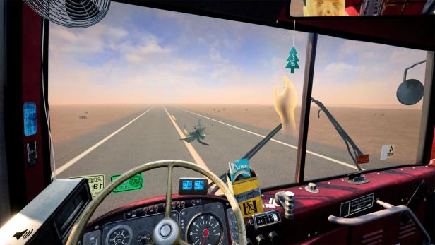 Bei Desert Bus VR fährt man einfach stundenlang geradeaus. Von Zeit zu Zeit knallen Insekten gegen die Windschutzscheibe