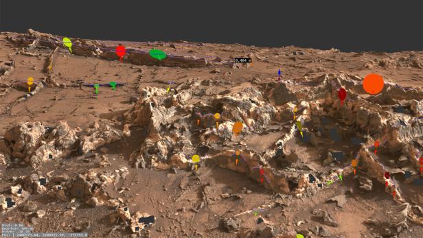 Ein 3D-Blick auf die Gesteinsformation &quot;Garden City&quot; auf dem Mars, inklusive Markierungen für Geologen