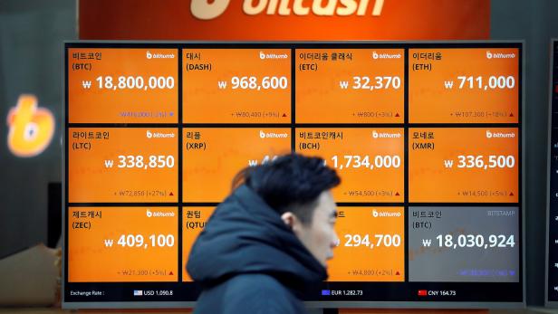 Bitcoin-Wechselkurse auf einem Display in Seoul