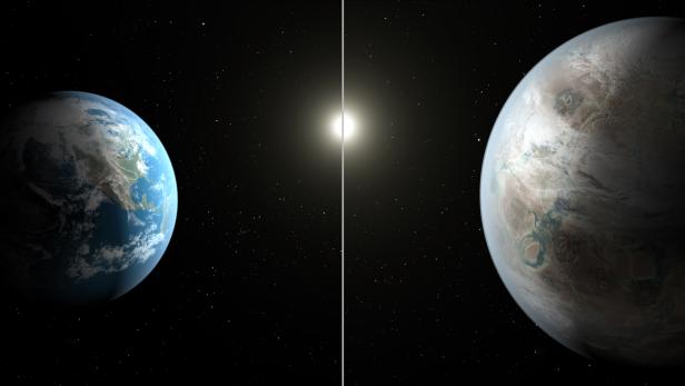 Der mit dem NASA-Weltraumteleskop Kepler entdeckte Exoplanet Kepler-452b ist 60 Prozent größer als die Erde (li.)