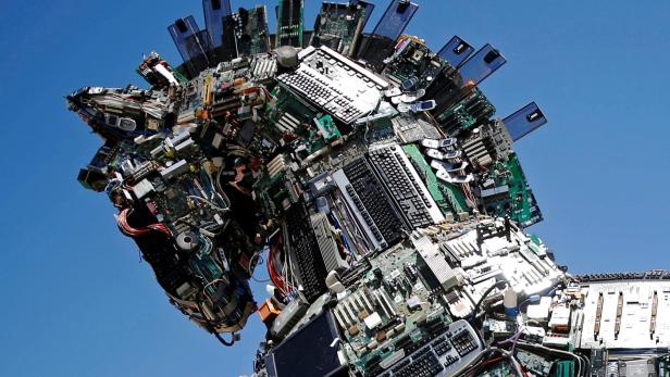 A close-up of the head of a "Cyber Horse", made from thousands of infected computer and cell phone bits, is seen on display at the entrance to the annual Cyberweek conference at Tel Aviv University