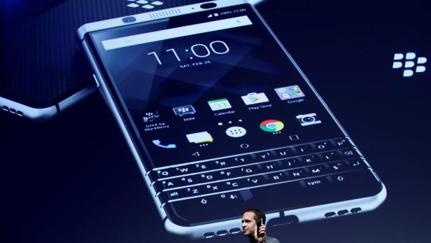 TCL Communication's CEO Nicolas Zibell presents the new BlackBerry Key One before the Mobile World Congress in Barcelona