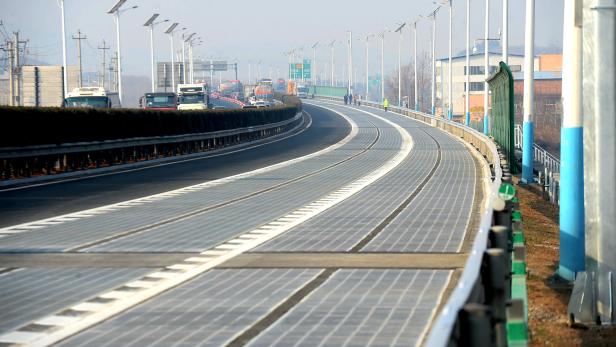 A solar panel expressway is seen before its opening in Jinan