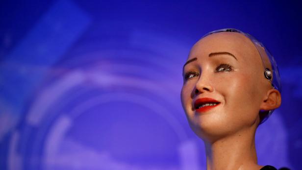 Sophia, a robot with Saudi Arabian citizenship, interacts during the innovation fair in Kathmandu, Nepal