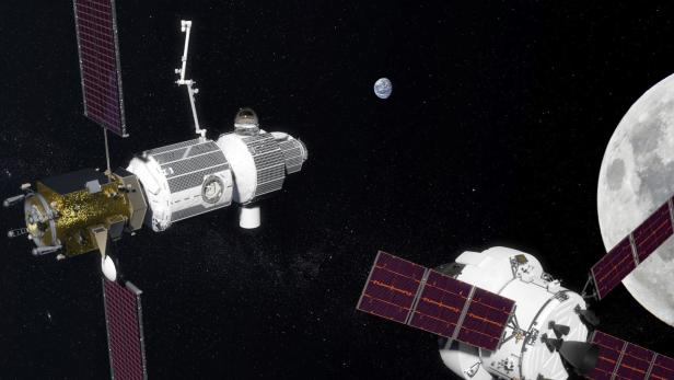Das Lunar Orbital Platform-Gateway (LOP-G) im Mondorbit samt Orion-Raumschiff (re.) in einer NASA-Darstellung