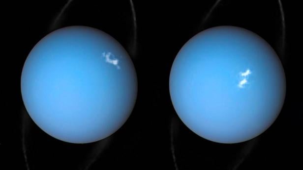 Zwei Aufnahmen des Planeten Uranus, auf dem Auroras (wie Polarlichter auf der Erde) zu sehen sind