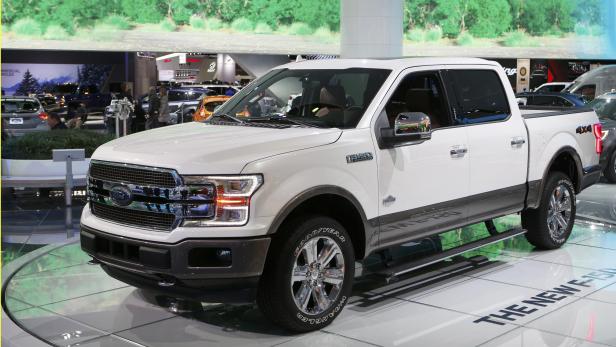 A 2018 Ford F-150 "King Ranch" pickup truck is displayed during the North American International Auto Show in Detroit
