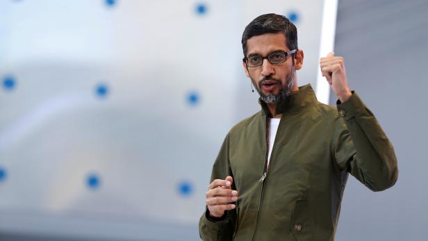 Google CEO Sundar Pichai speaks on stage during the annual Google I/O developers conference in Mountain View