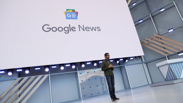 Google CEO Sundar Pichai speaks on stage during the annual Google I/O developers conference in Mountain View