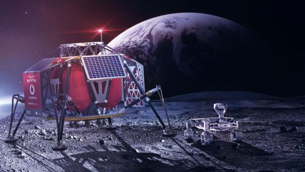 Die Mondlandefähre Alina und ein Audi Lunar Quattro Rover der Mission to the Moon