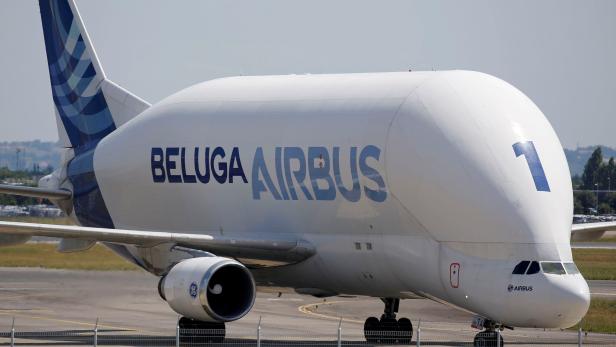 A Beluga transport plane belonging to Airbus lands in Colomiers near Toulouse