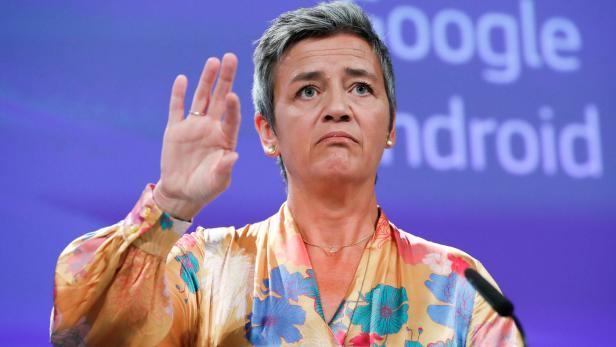 European Competition Commissioner Margrethe Vestager addresses a news conference on Google in Brussels